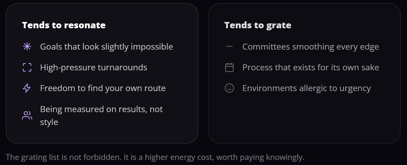 Work profile screen listing what tends to resonate with you and what tends to grate.